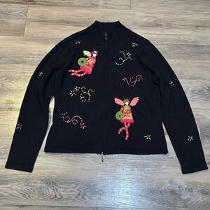 Talbots grannycore fairy core cotton black full zip knit sweater embroidered L